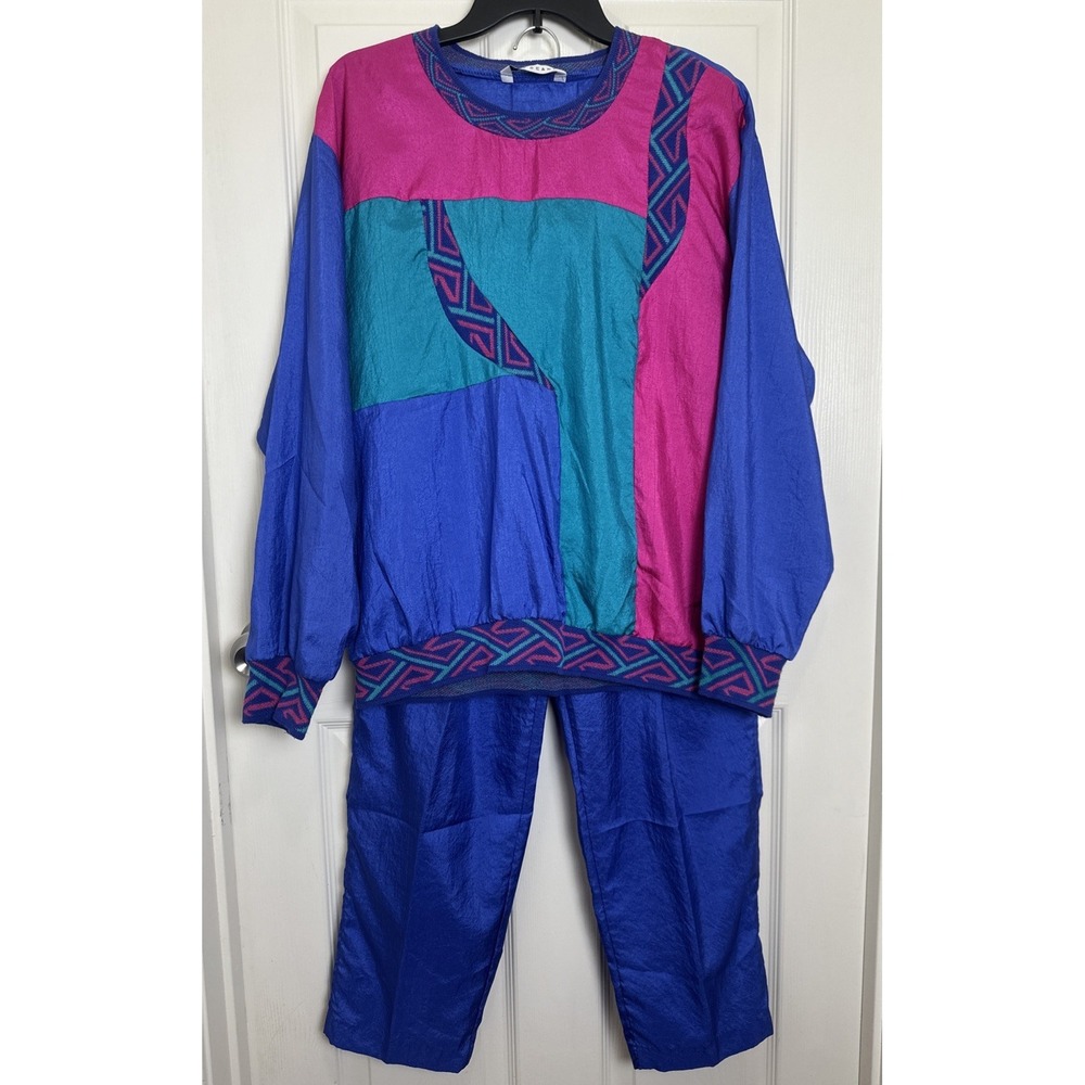 Vintage Lisa Deane Track Suit Set‎ Size Large 90s Retro Color-block Geometric